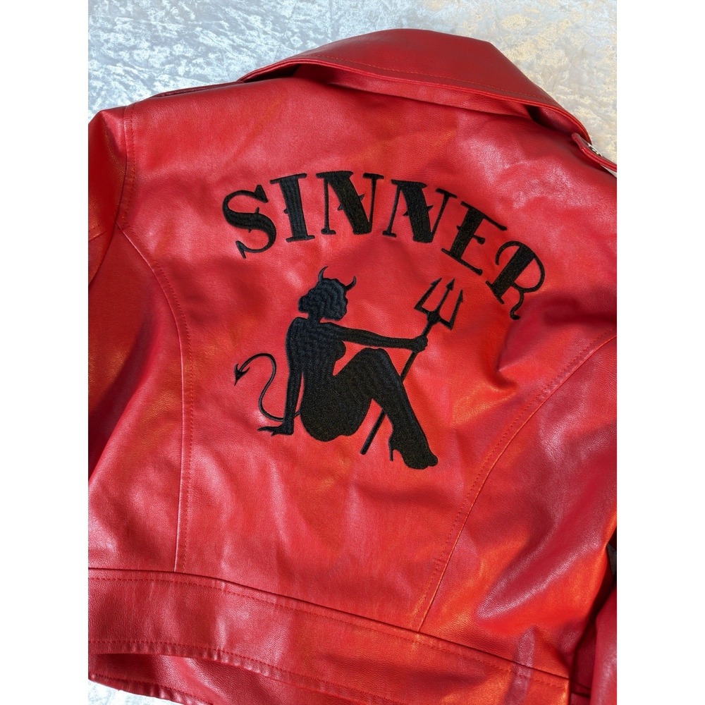 Current Mood Red‎ Faux Leather Biker Moto Jacket Sinner Graphic Back M Alt